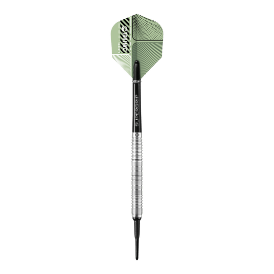 Dardos blandos paralelos Harrows Control Das Bild zeigt einen Harrows Control Parallel Softdart mit einem silbernen und schwarzen Schaft. Die Dartflügel sind grün gemustert und tragen das Markenlogo.