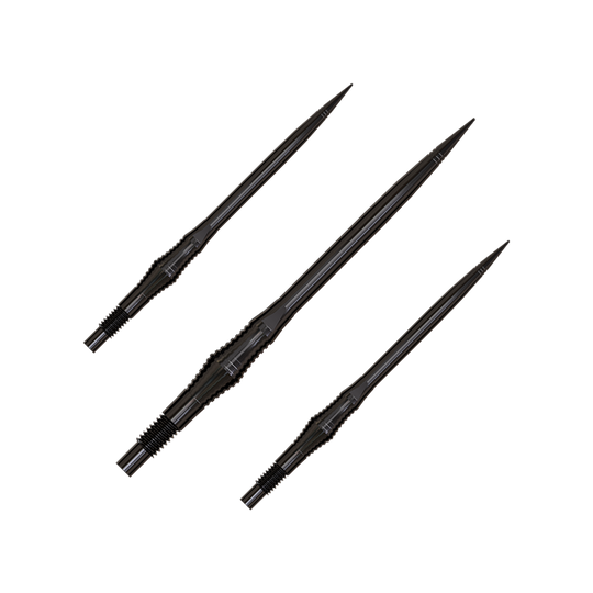 Harrows Quick Point Spire Elite Series Dartspitzen - Schwarz Eine Packung Dartspitzen in schwarzer Farbe ist abgebildet. Die Spitzen liegen parallel.