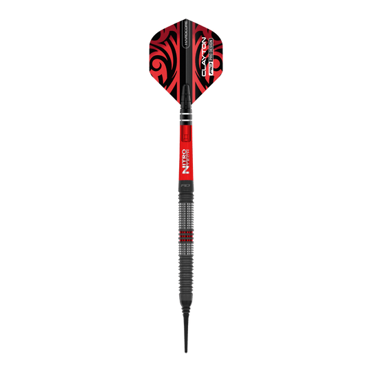 Dardos blandos Red Dragon Jonny Clayton Hiraeth - 20 g Das Bild zeigt einen Softdart der Marke Red Dragon, Modell "Jonny Clayton Hiraeth" mit einem Gewicht von 20 Gramm. Der Dart ist überwiegend in den Farben Rot und Schwarz gestaltet und hat ein auffälliges Muster auf dem Flight.