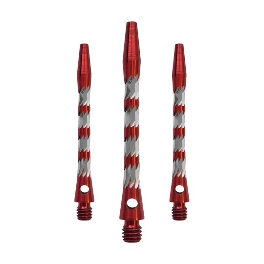 Ejes de aluminio Bulls NL Minor - Rojo - 46 mm Bulls NL Minor Aluminium Shafts in Rot, 46 mm lang. Das Bild zeigt ein Set roter Aluminiumschäfte für Dartpfeile.