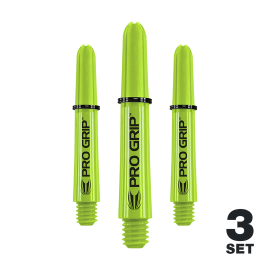 Varillas Target Pro Grip - 3 juegos - Verde lima Das Bild zeigt drei limegrüne Pro Grip Shafts für Dartpfeile. Unten rechts steht "3 Set", was anzeigt, dass es sich um ein Set mit drei Stück handelt.