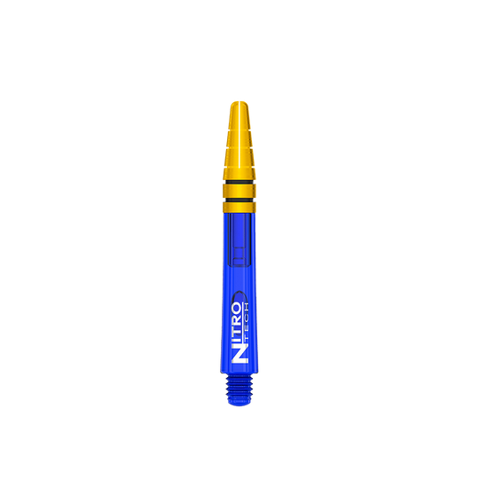 C799_Red_Dragon_Nitrotech_Shafts_Blau_Gold_39mm_1Y7u22MrYH4ORG Das Bild zeigt einen Red Dragon Nitrotech Shaft in Blau und Gold mit einer Länge von 39 mm. Auf dem blauen Schaft steht der Schriftzug "Nitro Tech".