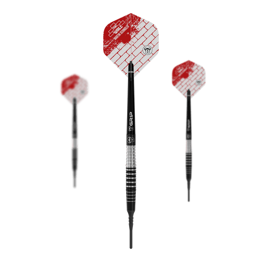 Dardos blandos Bulls Martin Schindler Original Generation 3 Das Bild zeigt drei Softdarts des Modells „Bulls Martin Schindler Original Generation 3“. Die Darts haben schwarz-silberne Schäfte und rot-weiße Flights mit Ziegelmuster.