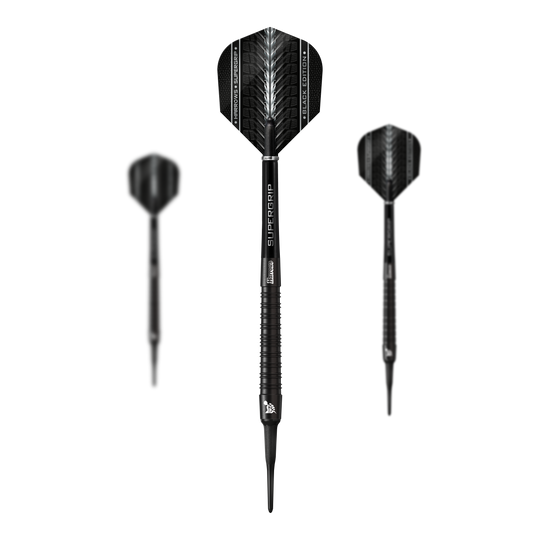 Dardos blandos Harrows Supergrip Black Edition Das Bild zeigt drei Harrows Supergrip Black-Edition Softdarts in schwarzem Design. Die Darts haben schlanke Griffe und moderne Flights mit weißen Akzenten.