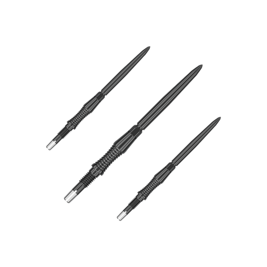 Das Bild stellt ein Set von schwarzen Dartspitzen Signature RST, 35mm, von Target Swiss Point dar. Die Spitzen sind nebeneinander angeordnet.