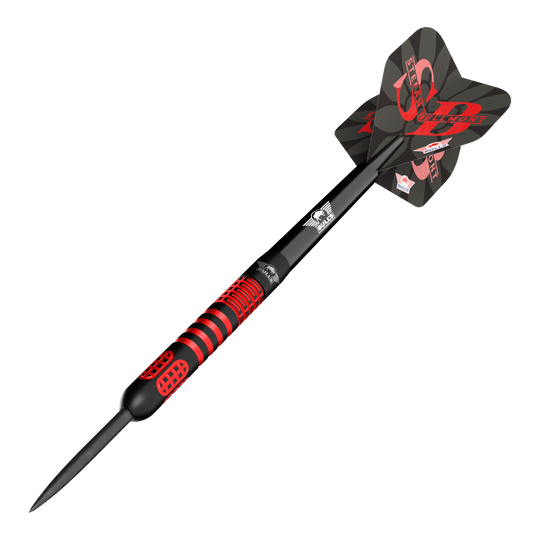 Hier sieht man die Bulls NL Stefan Bellmont 90 Steeldarts mit einem Gewicht von 23 Gramm. Sie eignen sich besonders für ambitionierte Steeldartspieler.