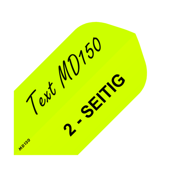 MD-255_2-Seitig_Bedruckte_Flights_Wunschtext_MD150_Neongelb_Slim_1 Das Bild zeigt einen gelben Dartflight mit schwarzer Aufschrift „Text MD150" und „2-SEITIG“. Es gehört zum Produkt „10 Satz Bedruckte Flights 2-Seitig - Wunschtext - MD150 Slim“.