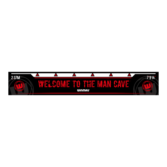 Línea de lanzamiento Winmau Mancave Das Bild zeigt das Produkt "Winmau Mancave Abwurflinie" mit der Aufschrift "Welcome to the Man Cave". Die Abwurflinie ist schwarz-rot gestaltet und zeigt die Maße 2,37m und 7'9¼''.