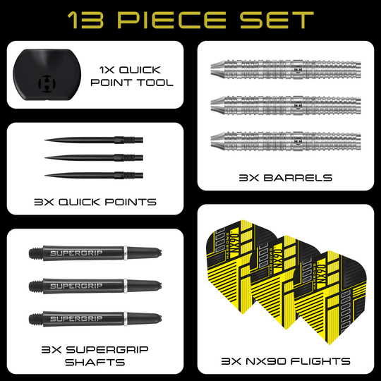 Dardos de acero de punta rápida paralela Harrows NX90 Das Bild zeigt die Harrows NX90 Parallel Quick Point Steeldarts. Dies sind hochwertige Steeldarts mit modernem Design.