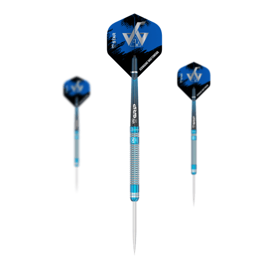 Dardos de acero Bulls Jermaine Wattimena Generation 3 Das Bild zeigt drei Steeldarts des Modells "Bulls Jermaine Wattimena Generation 3". Die Darts haben blaue Flights mit weißen Initialen und silber-blau gestreifte Schäfte.
