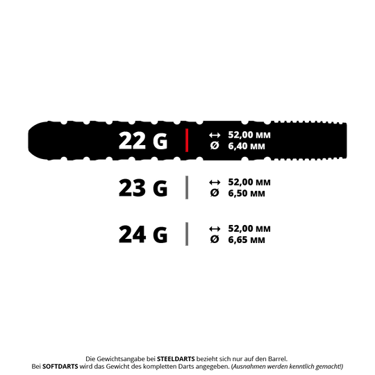 Das Bild zeigt drei verschiedene Gewichtsvarianten von Steeldart-Barrels: 22 g, 23 g und 24 g. Alle Barrels sind 52,00 mm lang, unterscheiden sich aber im Durchmesser (6,40 mm, 6,50 mm und 6,65 mm).