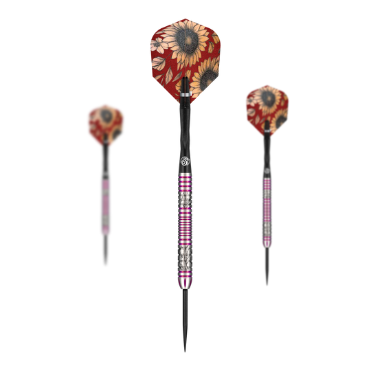 Shot Pro Series Barbora Hospodarska 2 Dardos de acero - 23g Das Bild zeigt drei Steeldarts der Marke Shot Pro Series Barora Hospodarska mit einem Gewicht von 23g. Die Flights haben ein auffälliges Sonnenblumenmuster auf rotem Hintergrund.