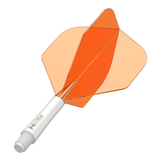 Red Dragon Nitroflite Eje blanco Vuelos naranjas No2 Abgebildet ist ein Dart-Schäfte-Set mit weißem Schaft und orangen Flights. Das Produkt scheint ein Red Dragon Nitroflite Modell in kurzer Ausführung zu sein.