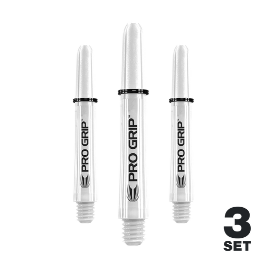 Varillas Target Pro Grip - 3 juegos - Color blanco Das Bild zeigt drei weiße Pro Grip Shafts für Dartpfeile. Unten rechts steht "3 Set" geschrieben.