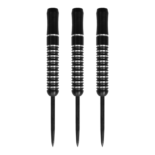 Auf dem Bild sind drei McDart Void Steeldart Barrels mit einem Gewicht von 23g zu sehen. Die Darts sind schwarz mit silbernen Rillen und haben eine schlichte, moderne Optik.