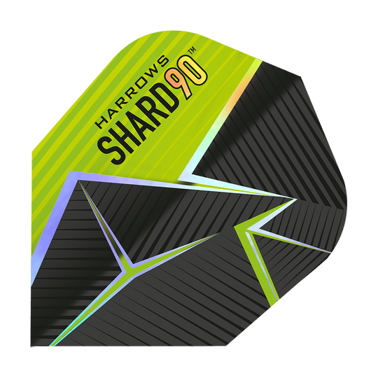 Harrows Prime Shard No6 Vuelos Das Bild zeigt ein Dart-Flight mit dem Namen „Harrows Prime Shard No6“. Das Design ist schwarz und gelb mit geometrischen Linien und dem Aufdruck „SHARD 90“.