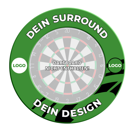 Marco de diana con tu diseño Das grüne Dartboard-Surround mit Wunschdruck ist aus einem weiteren Blickwinkel zu sehen. Es dient dem Schutz der Wand und dem besseren Spielerlebnis.