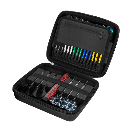 Cartera Mission Luxor Dart Dieses Bild zeigt das schwarze Mission Luxor Dart-Wallet. Es ist speziell für die sichere Aufbewahrung von Dartzubehör gestaltet.