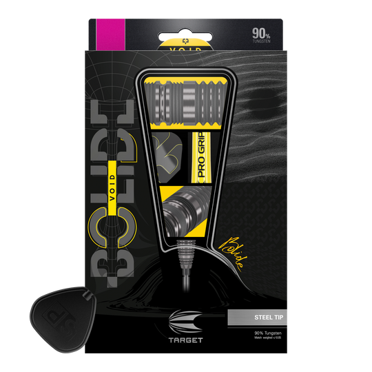 Dardos de acero Target Bolide Void 04 Swiss Point Das Bild zeigt die Verpackung der "Target Bolide Void 04 Swiss Point Steeldarts". Die Darts bestehen zu 90 % aus Tungsten und haben eine Stahlspitze.