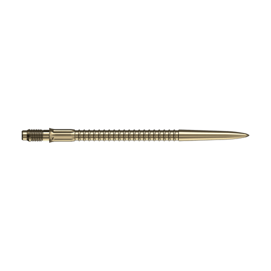 Puntas de dardo Mission R2.5 Rapid Point GV1 - Oro Abgebildet sind goldene Dartspitzen von Mission R25 Rapid Point mit einer Länge von 40mm. Das Bild zeigt die Spitzen aus verschiedenen Perspektiven.