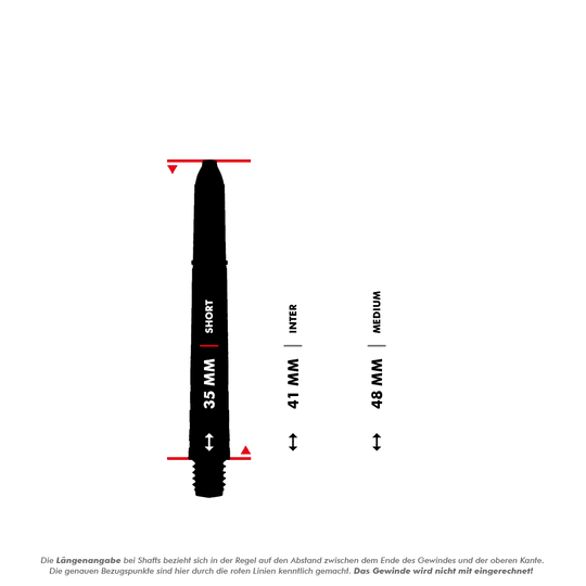 Das Bild zeigt verschiedene Längenangaben für Dart-Shafts, darunter 35 mm (Short), 41 mm (Inter) und 48 mm (Medium). Die Messung erfolgt vom Ende des Gewindes bis zur oberen Kante, das Gewinde wird dabei nicht mitgerechnet.