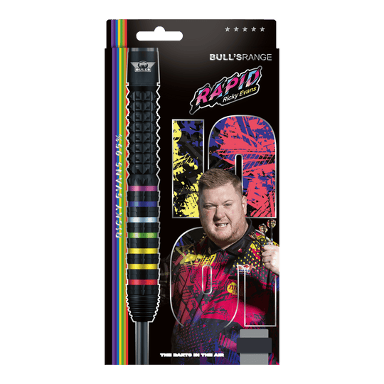 Dardos de acero Bulls NL Ricky Evans Rapid 95 Das Foto zeigt die Bulls NL Ricky Evans Rapid 95 Steeldarts in der 23g-Ausführung. Die Darts werden aus einer anderen Perspektive dargestellt.