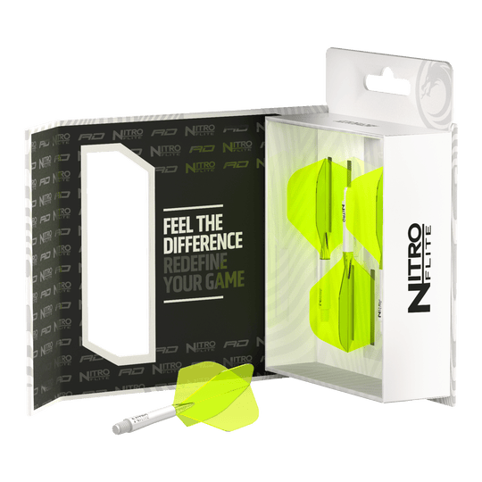 Red Dragon Nitroflite - Eje blanco, plumas amarillas nº 2 Das Bild zeigt die Verpackung des Produkts "Red Dragon Nitroflite - White Shaft Yellow No2 Flights". In der Packung sind gelbe Dartflights mit weißen Schäften zu sehen.