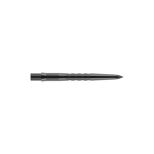 Puntas de dardos Mission Caliburn EVO - Ranuradas - Negras Das Bild zeigt eine schwarze, gerillte Steeldartspitze. Sie ist schmal, lang und hat eine spitze Vorderseite.