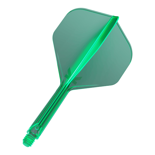 Sistema de vuelo estándar Target K-Flex No2 - Verde Das Bild zeigt einen grünen Dartflügel mit einem integrierten Schaft. Der Flügel hat eine Standardform und besteht aus durchsichtigem Kunststoff.
