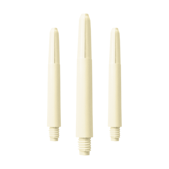 577_Nylon_Shafts_Naturweiss_40mm_1 Das Bild zeigt drei Nylon-Schäfte in Naturweiß. Sie sind länglich geformt und verfügen unten über ein Schraubgewinde.