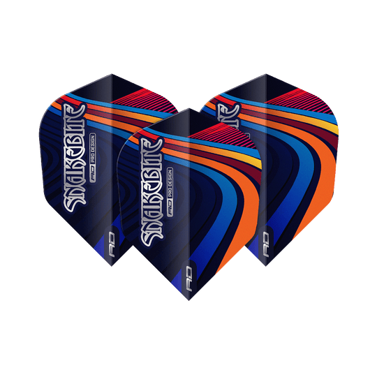 Dragon Rojo Peter Wright Snakebite Multi Swirl No6 Flights Das Bild zeigt drei bunte Dart-Flights mit dem Schriftzug "Snakebite". Die Flights haben ein auffälliges Muster in Blau, Orange, Rot und Gelb.