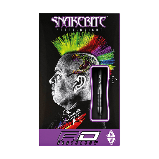 RD1383-RedDragon-Peter-Wright-Snakebite-3-Black-Player-Darts-3 Die Verpackung zeigt die "Red Dragon Peter Wright Snakebite 3 Black Steeldarts". Auf der Vorderseite ist ein Porträt mit buntem Irokesenschnitt und Schlangentattoo abgebildet.
