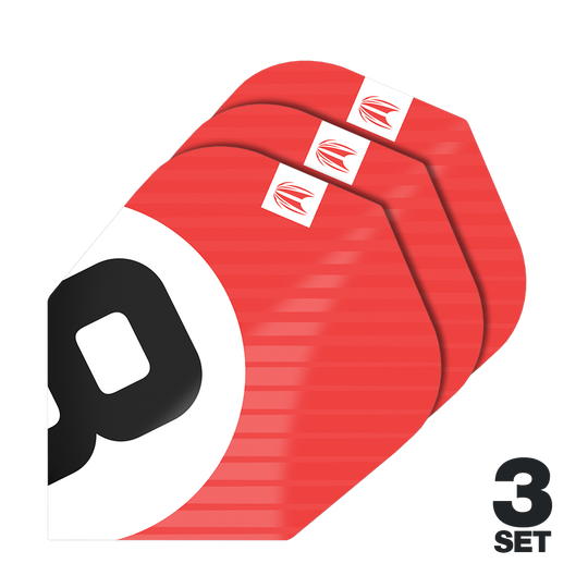 Plumas Target Pro Ultra Chicane Red No6 - 3 juegos Das Bild zeigt drei Sätze der Target Pro Ultra Chicane Red No6 Flights. Die Flights sind überwiegend rot mit einem schwarzen und weißen Design sowie einem kleinen Logo in der Ecke.