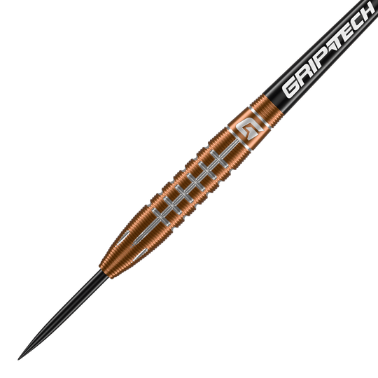 Dardos de acero de tungsteno GOAT Quarterback V2 - 24 g Der GOAT Quarterback V2 Tungsten Steeldart wiegt 24 Gramm und hat ein auffälliges, gerilltes Design. Auf dem Schaft steht das Wort "GRIPTECH" geschrieben.