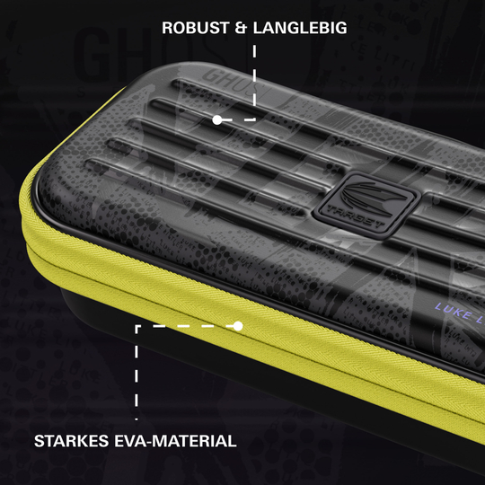 Estuche de dardos Luke Littler de la serie Takoma Ghost Gezeigt wird das Takoma Ghost Series Luke Littler Dartcase. Die Tasche bietet Sicherheit und Komfort für alle Dart-Liebhaber.