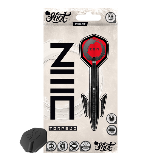 Dardos de acero Shot ZEN Torpedo Turbo Point - 23 g Die Shot ZEN Torpedo Turbo Point Steeldarts mit 23g werden aus einer anderen Perspektive gezeigt. Die Oberfläche und die Details der Darts sind gut zu erkennen.