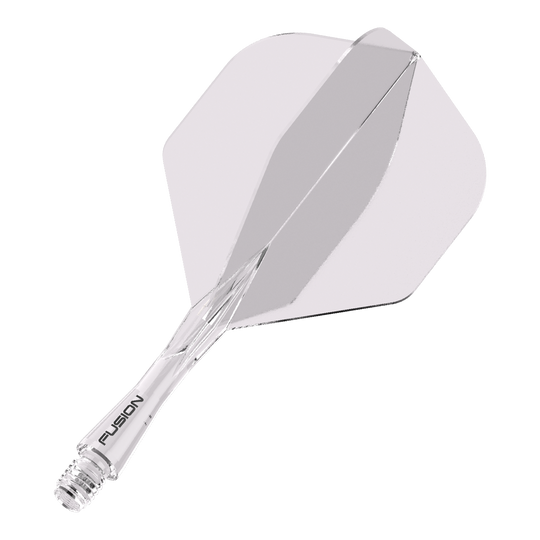 Sistema de eje de vuelo Winmau Fusion estándar transparente Das Bild zeigt ein durchsichtiges Dartflight- und Shafts-System. Auf dem Schaft steht das Wort "FUSION".
