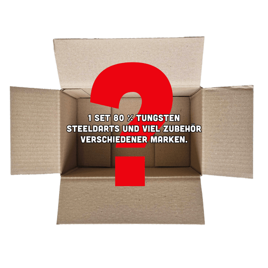 Caja misteriosa de McDart - Steeldarts Das Bild zeigt einen offenen, leeren Karton mit einem großen roten Fragezeichen darauf. Auf dem Karton steht der Text: "1 Set 80 % Tungsten Steeldarts und viel Zubehör verschiedener Marken."