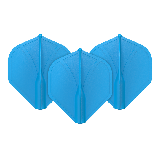 Perfil aerodinámico moldeado No2 Vuelos estándar Auf dem Bild sind drei blaue Dart-Flights zu sehen. Sie haben eine geformte, stabile Struktur und sind nebeneinander angeordnet.