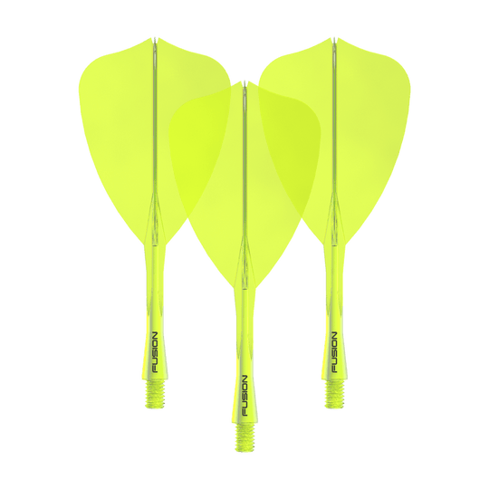 Sistema de eje de vuelo Winmau Fusion Arrow amarillo neón Dieses Bild zeigt das Winmau Fusion Flight Shaft System Arrow Set in Neongelb mit einer Länge von 28 mm. Zu sehen ist vermutlich ein komplettes Dartset.