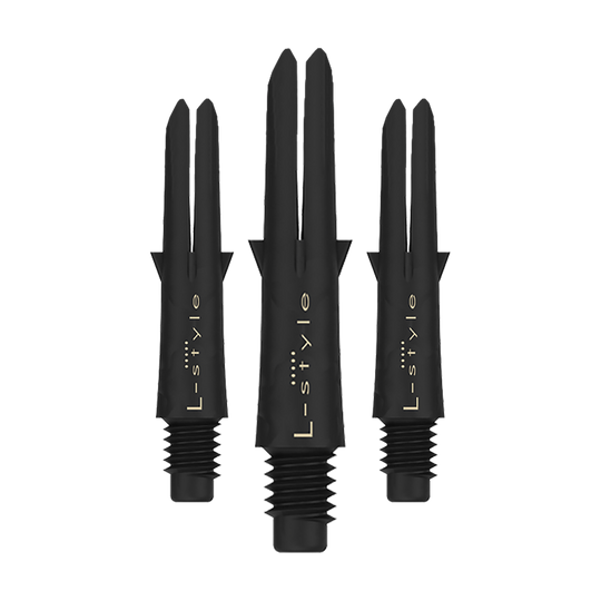Ejes de carbono estilo L Das Bild zeigt drei schwarze Dartschäfte aus Carbon der Marke L-Style. Sie sind ohne Kappen und haben eine Länge von 26 mm.