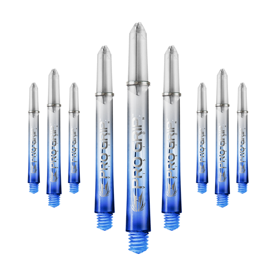 Varillas Target Pro Grip Vision - 3 juegos - Azul Das Bild zeigt neun transparente Dartschäfte mit blauem unteren Ende. Auf den Schäften steht "Pro Grip" geschrieben.
