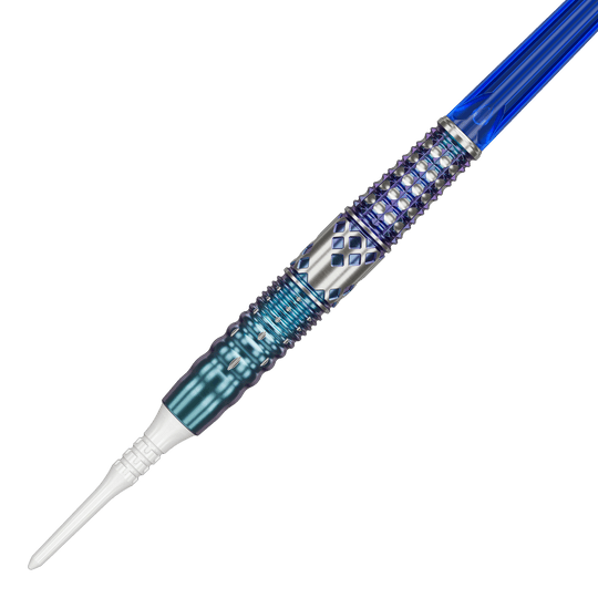 Dies ist ein Softdart namens "Target Japan Cathy Leung Charis GEN5 Softdarts - 19g". Er hat ein auffälliges Design mit blauen und silbernen Akzenten sowie strukturierter Oberfläche.