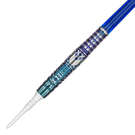 Dardos blandos Target Japan Cathy Leung Charis GEN5 - 19 g Dies ist ein Softdart namens "Target Japan Cathy Leung Charis GEN5 Softdarts - 19g". Er hat ein auffälliges Design mit blauen und silbernen Akzenten sowie strukturierter Oberfläche.