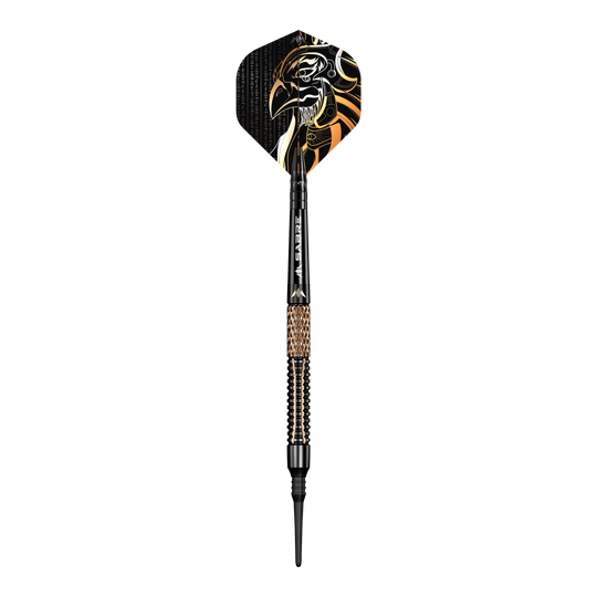 Dardos blandos Mission Horus - 19 g Der Mission Horus Softdart - 19g ist ein stilvoller Dartpfeil mit schwarzem und goldfarbenem Design. Auf der Flight-Fläche ist der Kopf eines stilisierten Vogels abgebildet.