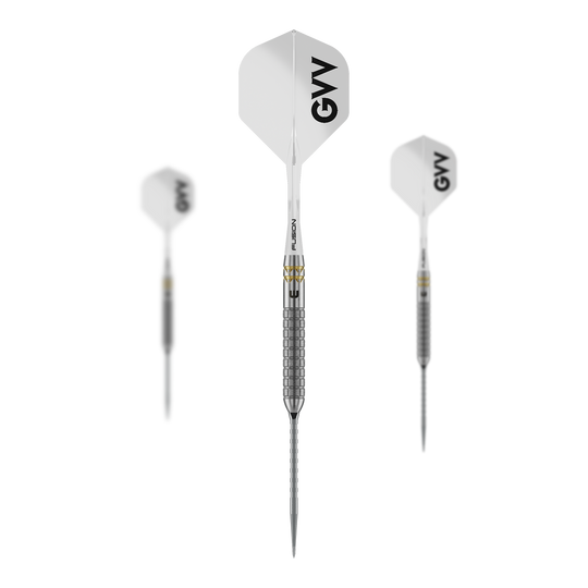 Dardos de acero Winmau Gian Van Veen W-MAX Switch Point Auf dem Bild ist ein Set der Winmau Gian Van Veen W-MAX Switch Point Steeldarts zu sehen. Alle drei Darts und das Zubehör sind abgebildet.