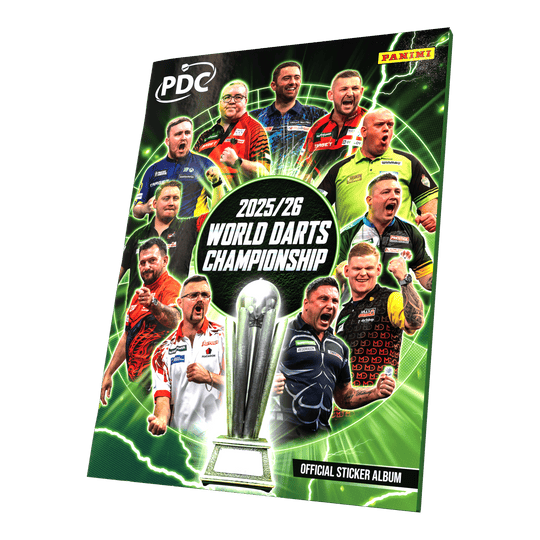 Panini PDC Campeonato Mundial de Dardos 2025/26 - Mega Pack de tapa blanda con dos cajas de cromos Panini PDC World Darts Championship 2025/26 - Offizielles Sticker-Sammelalbum als Softcover zu sehen. Das Sammelalbum ist für die Kollektion von Panini-Stickern rund um die Weltmeisterschaft gedacht.