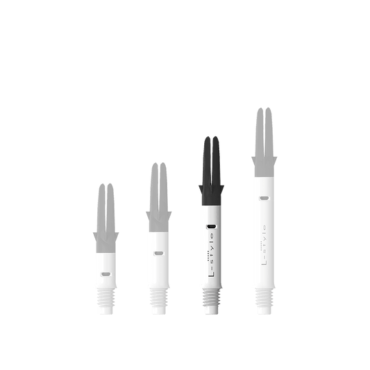Flecha recta silenciosa de carbono estilo L - Blanca Abgebildet ist der L-Style L-Shaft Carbon Silent Straight in Weiß, Modell 260. Dieses Produkt wird für den Zusammenbau von Dartpfeilen verwendet.