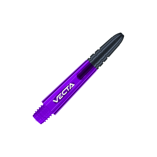 Flechas Winmau Vecta - Morado Negro Dies ist ein lila und schwarzer Dart-Shaft mit der Aufschrift "VECTA". Der Shaft hat ein modernes, sportliches Design und misst 34 mm.