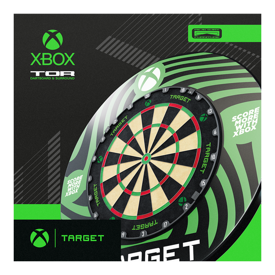 Abgebildet ist das Target Xbox Dartboard Surround Bundle. Es handelt sich um ein Set für Xbox-Dartboards.